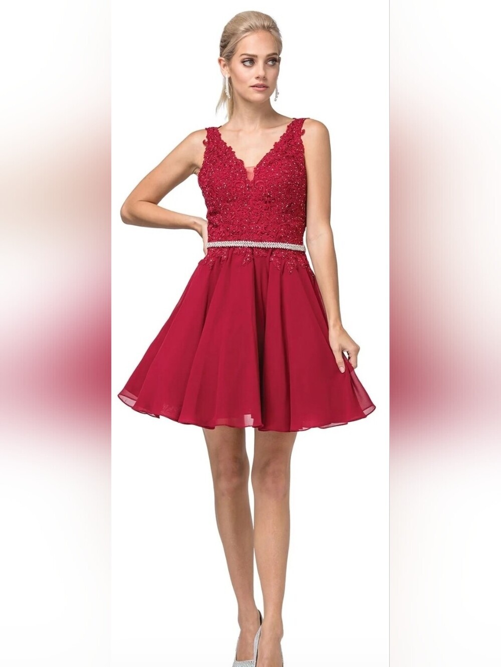 V-neckline Sleeveless Lace Dress by Dancing Queen